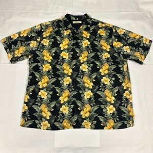 Tommy Bahama 3XT Hawaiian Button Up Shirt 100% Silk Black Floral Pineapple Black